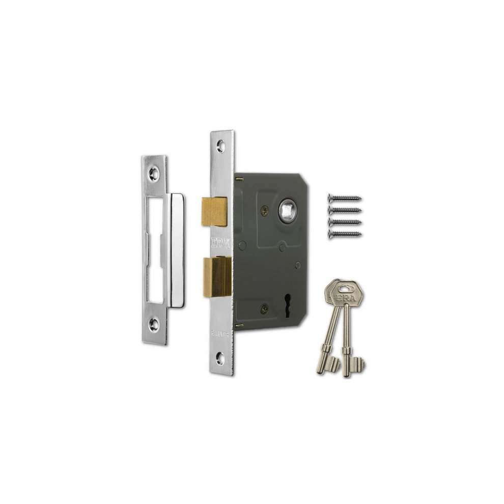 Chrome 76mm Era 573-62 3 lever sashlock set, featuring a grey metal body, brass bolt, two keys, and mounting screws with a sleek, modern design.