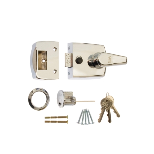 Satin brass front door lock set by ERA, featuring a sleek lever handle, key cylinder, strike plate, and installation screws, with three keys included.