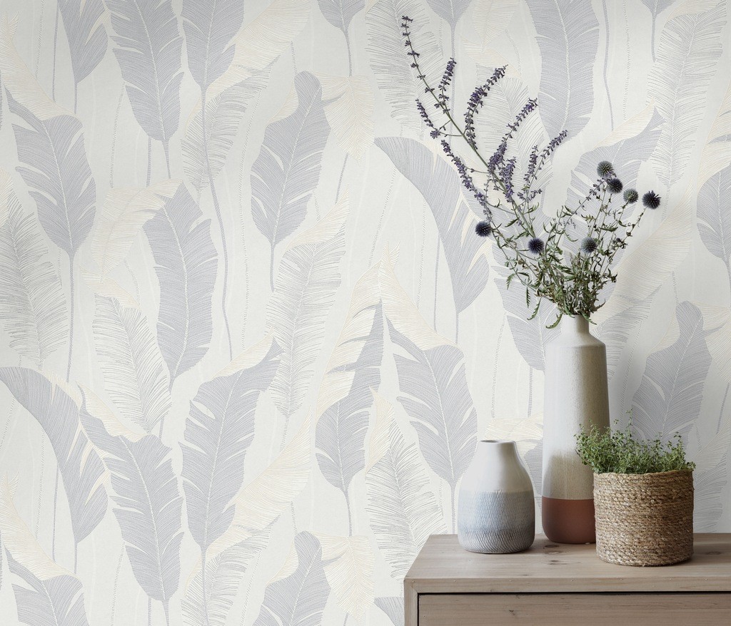 Light-colored wallpaper featuring elegant, textured leaf patterns in soft gray and beige tones, complemented by a vase of flowers and decorative pots on a wooden surface.