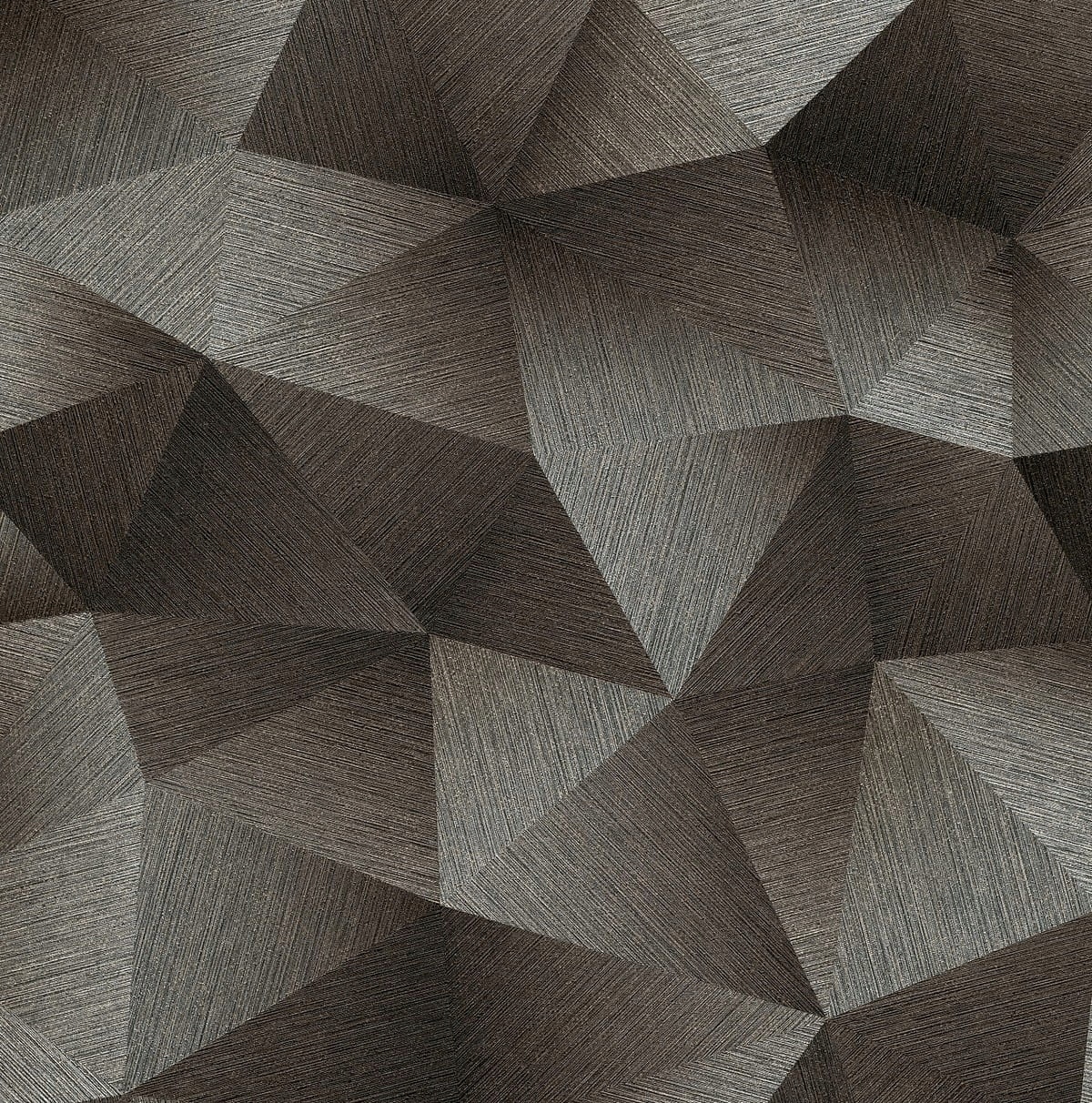 Textured 3D wallpaper featuring a geometric pattern of brown and gray triangular shapes, creating a modern and stylish look for interior spaces.