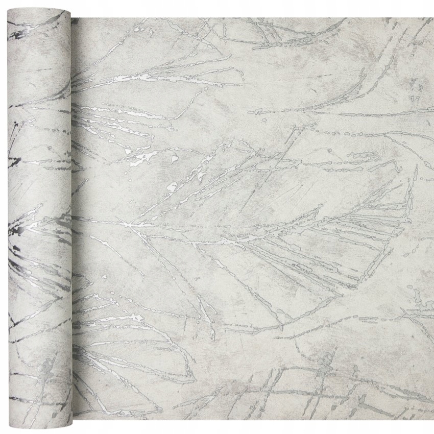 Gray and white non-woven wallpaper featuring a leaf and palm design with metallic accents, ideal for living rooms, kitchens, and more.