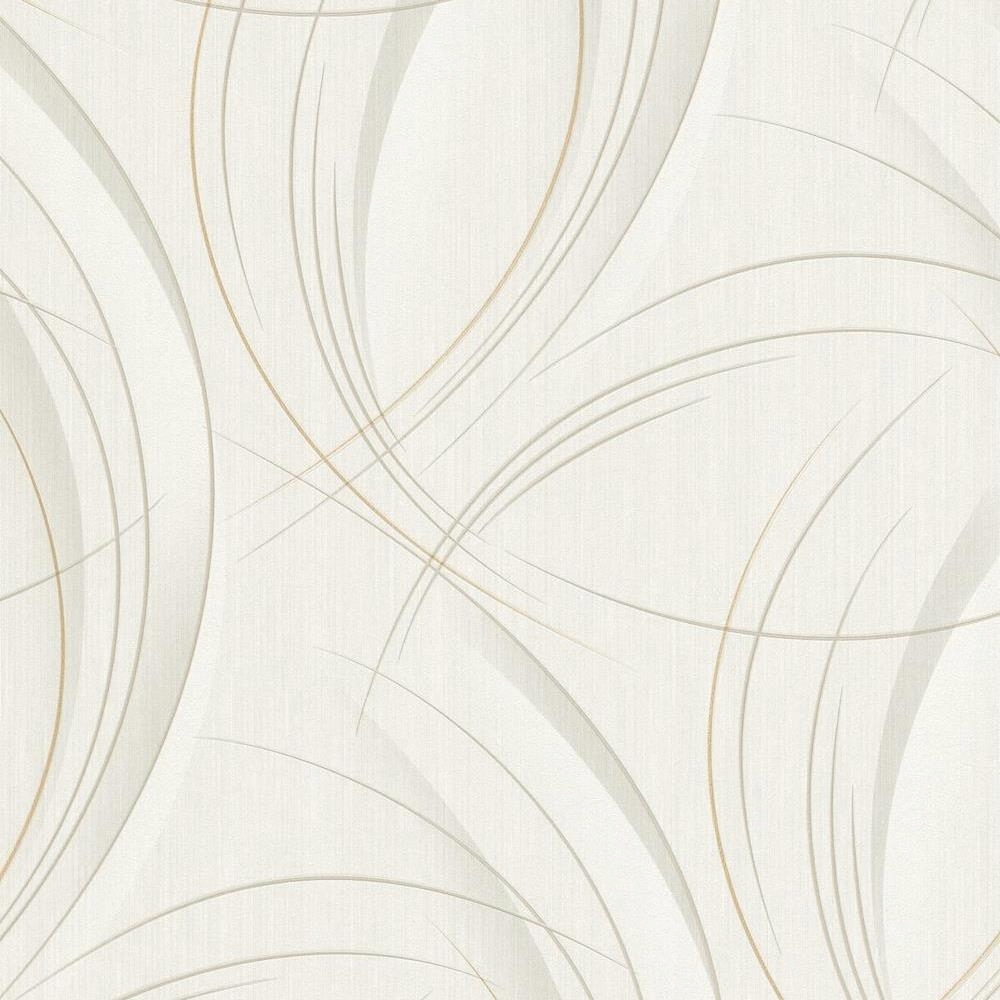 Vinyl wallpaper with a glossy finish featuring a wavy pattern in soft beige and cream tones, set on a textured light background.