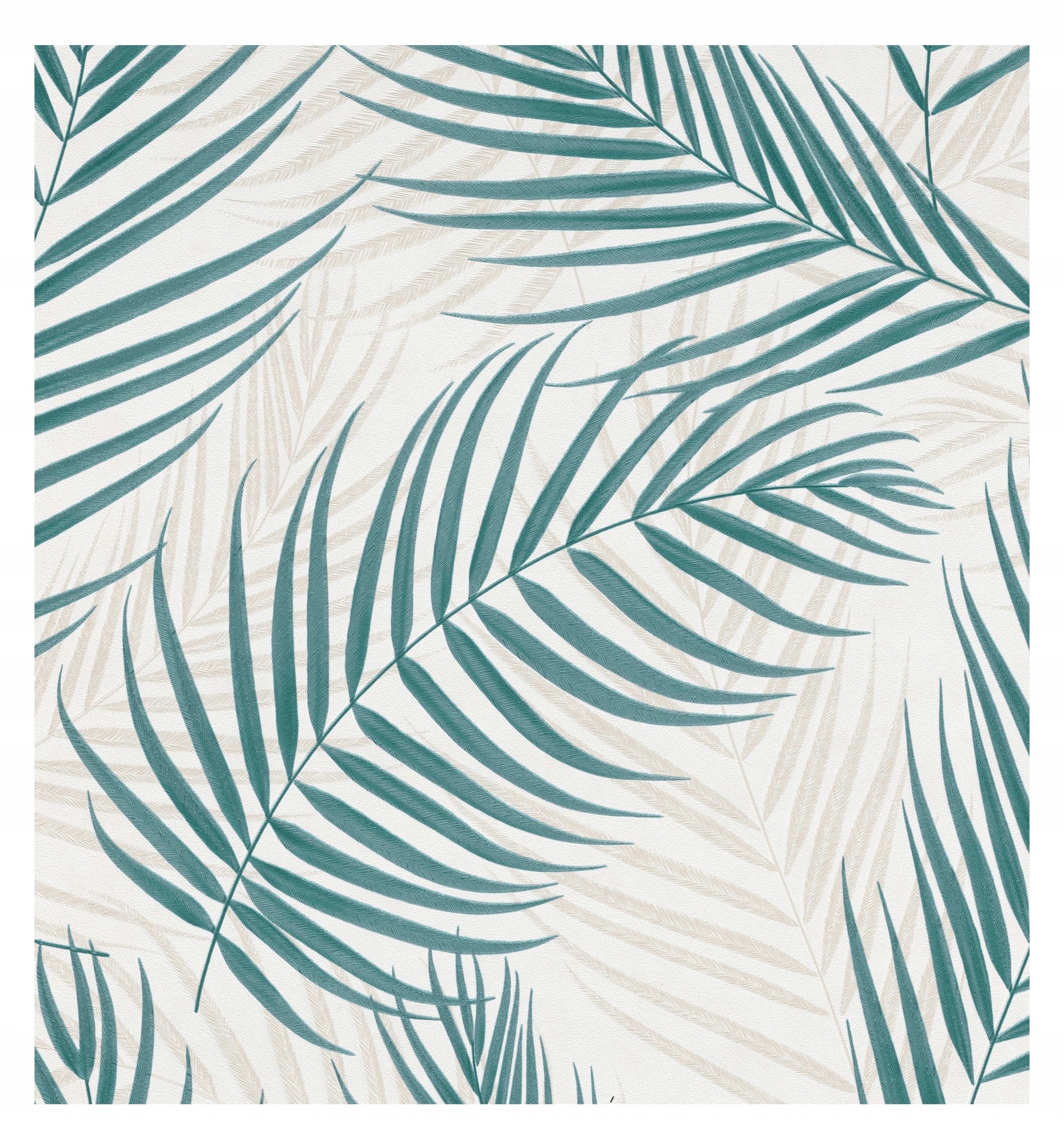 Vinyl wallpaper featuring palm leaves in teal and light beige, with a subtle glitter effect, set against a soft white background.