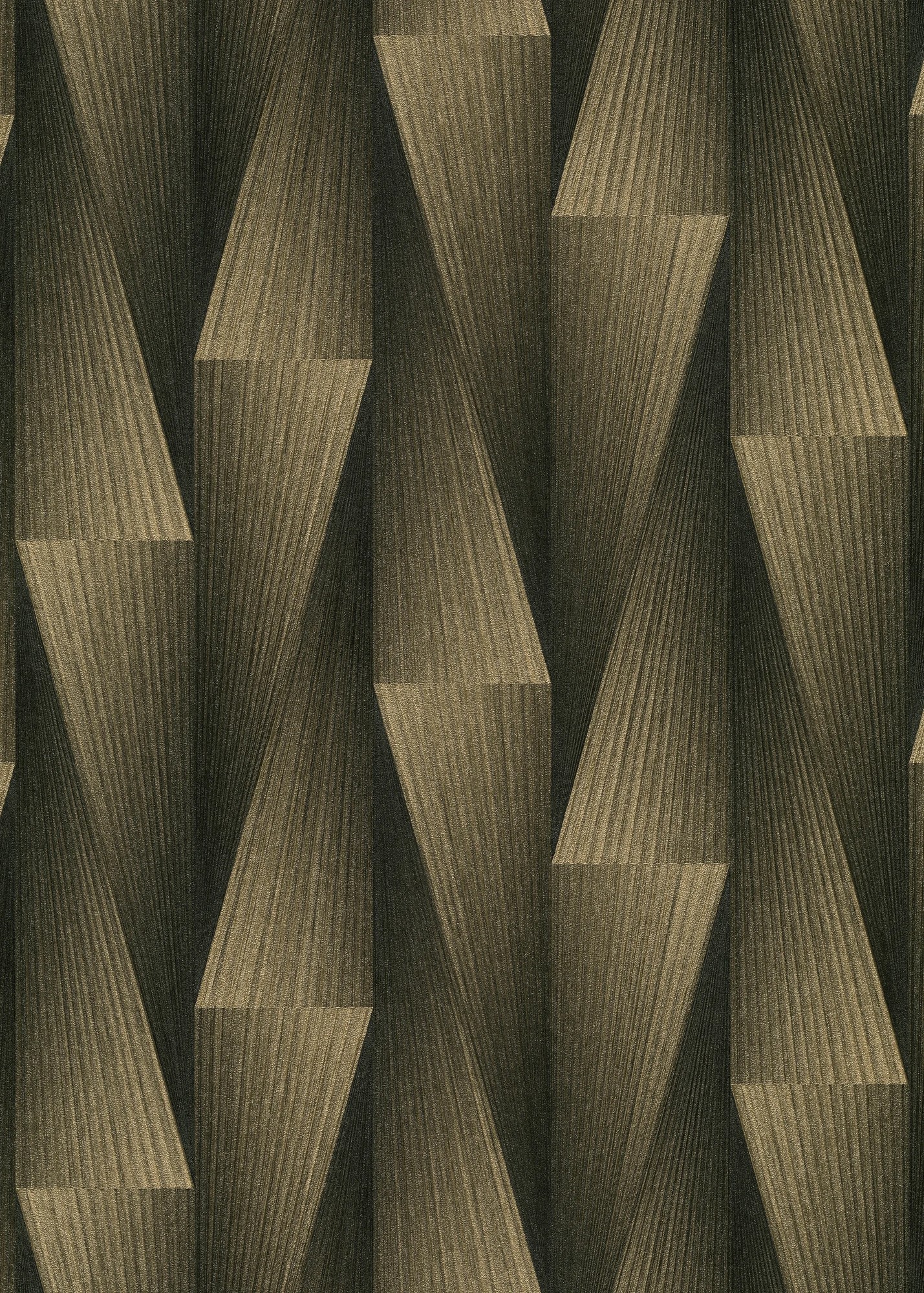 Geometric wallpaper in shades of green and gold, featuring a textured design with angular, layered patterns that create depth and visual interest.