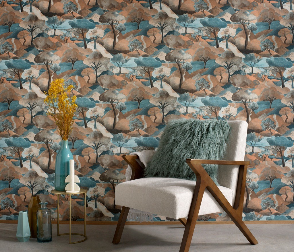 Textured vinyl wallpaper featuring a gentle landscape design with earthy tones, blue accents, and stylized trees, complemented by a cozy chair and decorative elements in a modern setting.