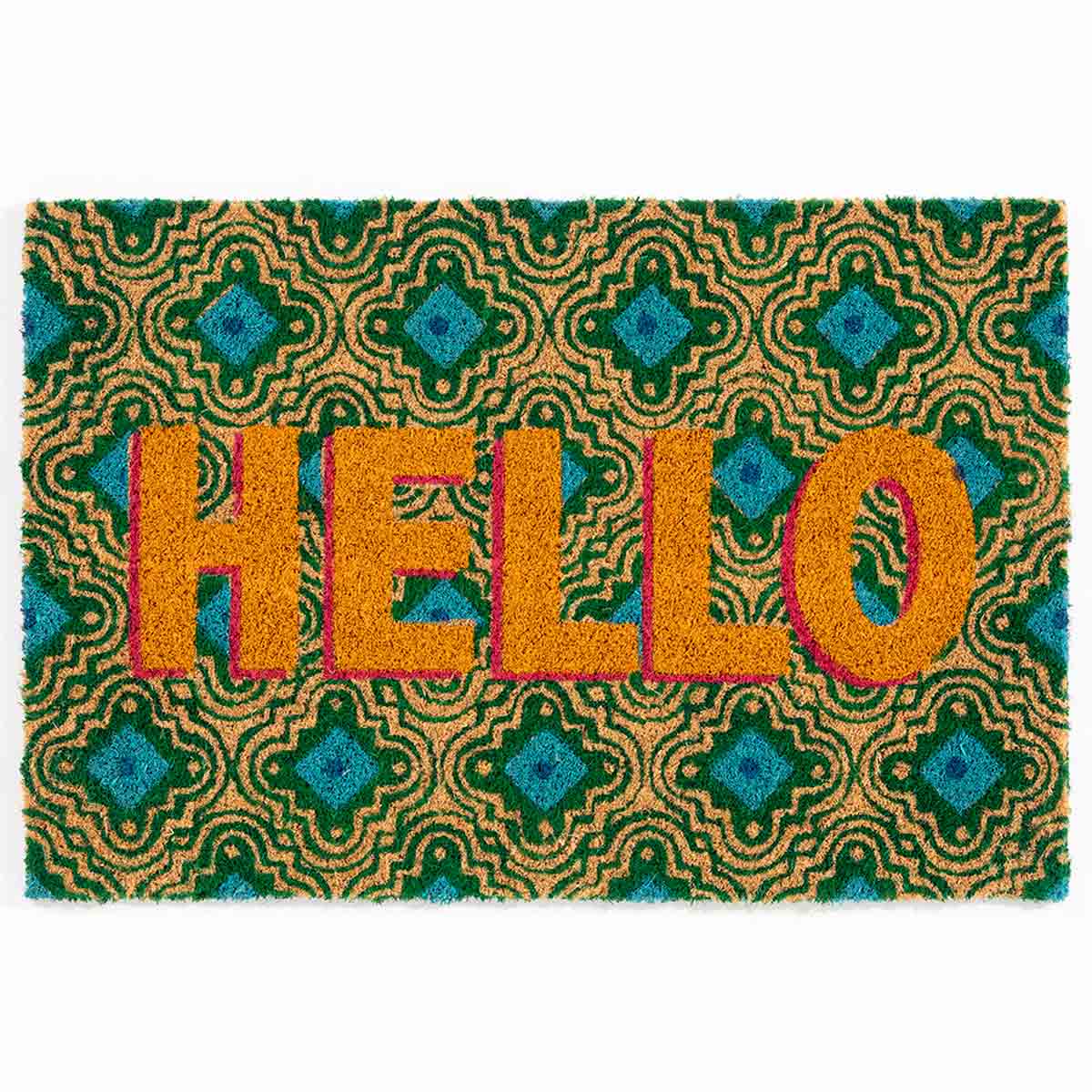 Brightly colored coir doormat featuring the word "HELLO" in bold orange letters, set against a green and blue patterned background, measuring 40x60cm with a PVC backing.