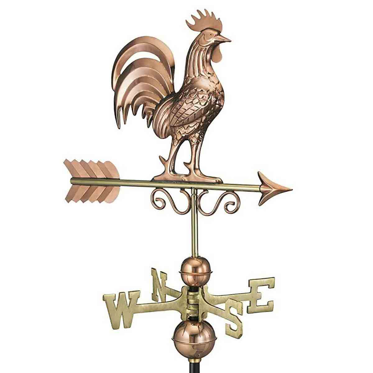 Copper weathervane featuring a detailed bantam rooster atop a directional arrow, with a polished finish and ornate lettering for north, south, east, and west.