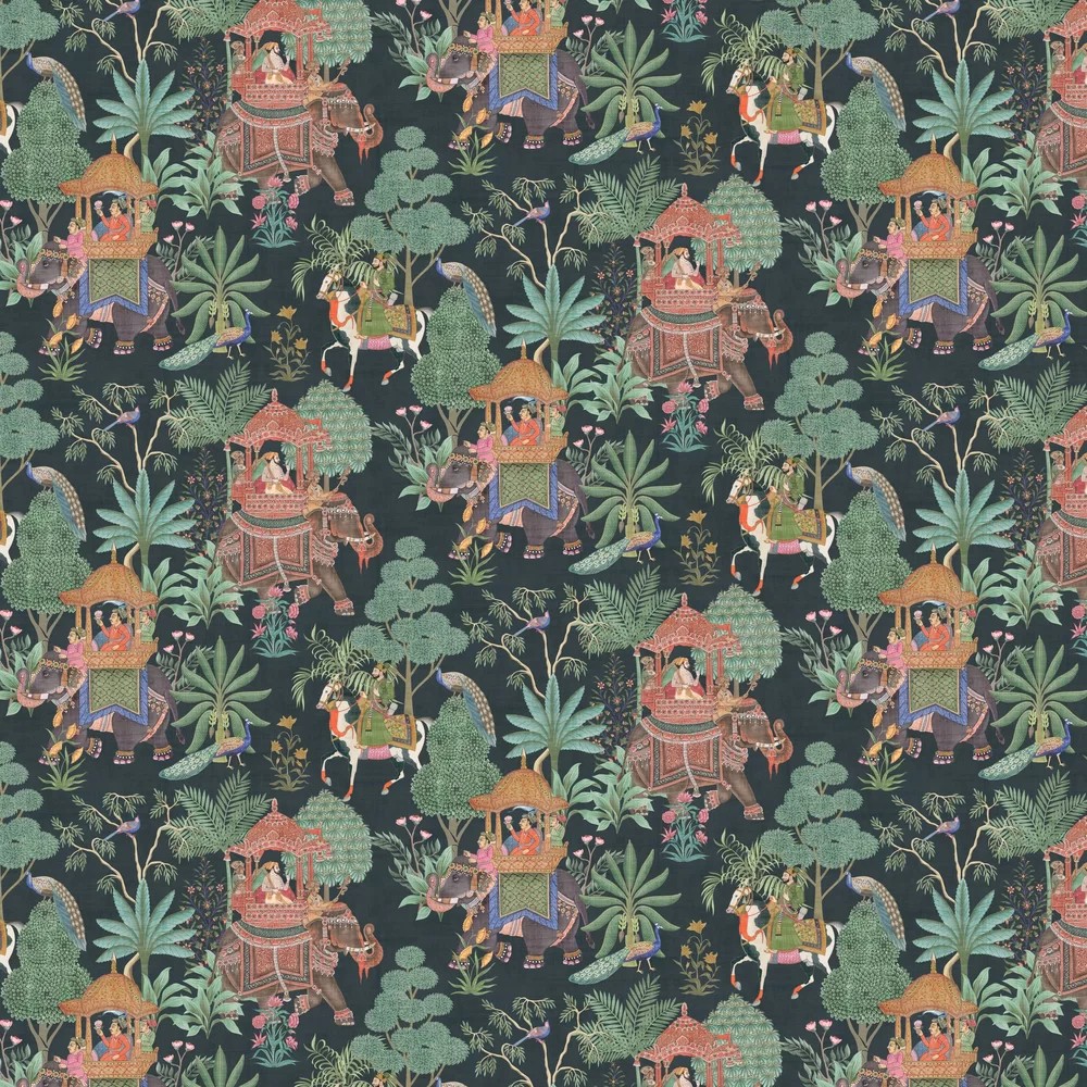 Colorful wallpaper featuring a lush, intricate pattern of elephants, palaces, and tropical foliage on a dark background, showcasing a vibrant, exotic garden theme.