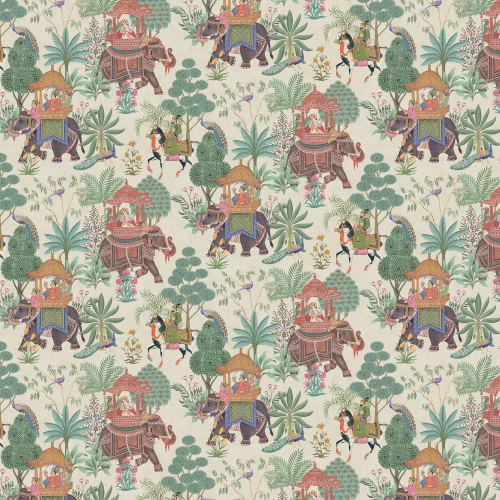 Colorful wallpaper featuring intricate illustrations of elephants, lush greenery, and figures in traditional attire, set against a light cream background.