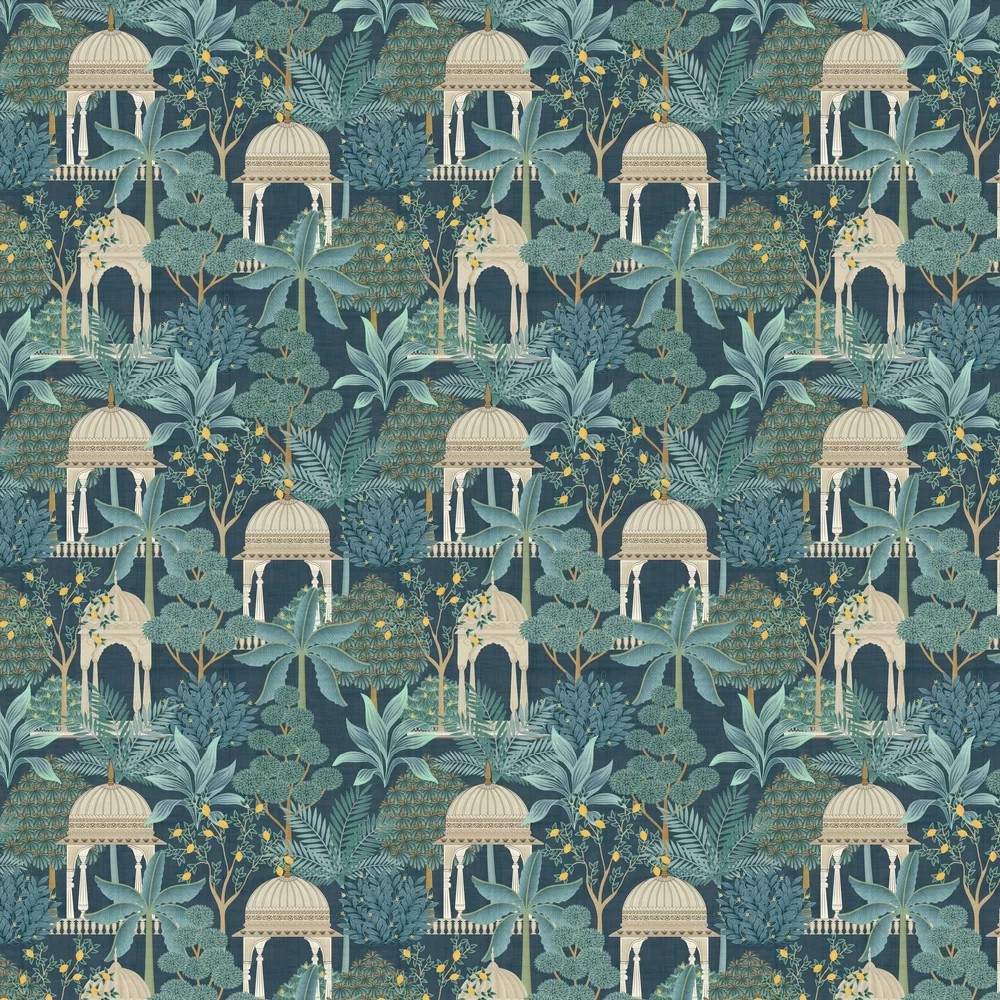 Exotic wallpaper featuring a lush green and blue botanical design with intricate white pavilions and golden floral accents on a dark background.