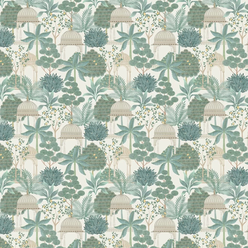 Exotic Pavilion wallpaper features a lush botanical pattern with green foliage, delicate flowers, and decorative pavilions on a soft cream background.