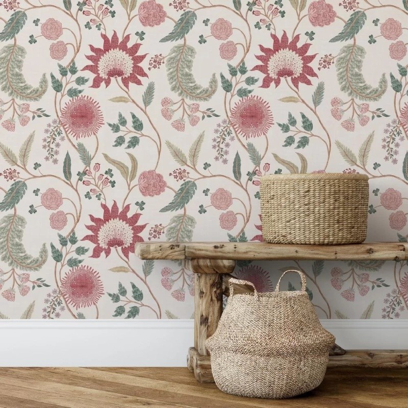 Esselle Home Fable Trail Linen Raspberry and Green Wallpaper - image 2