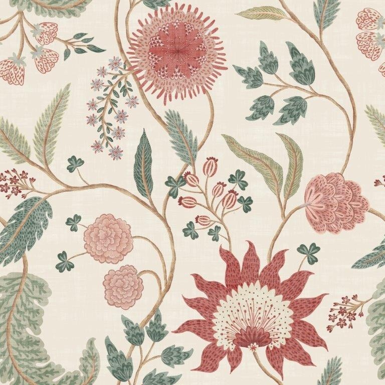 Linen wallpaper featuring a floral pattern in raspberry and green hues, with intricate leaves and blossoms on a soft beige background.