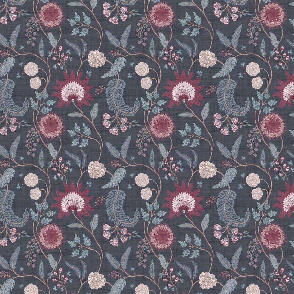 Dark blue wallpaper featuring intricate floral and bird patterns in shades of pink, cream, and teal, with a textured fabric appearance.