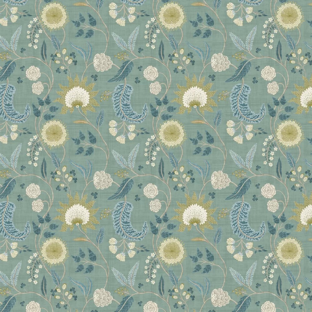 Floral wallpaper featuring a soft blue-green background with intricate white and yellow flowers, delicate leaves, and small birds, creating a whimsical, nature-inspired design.