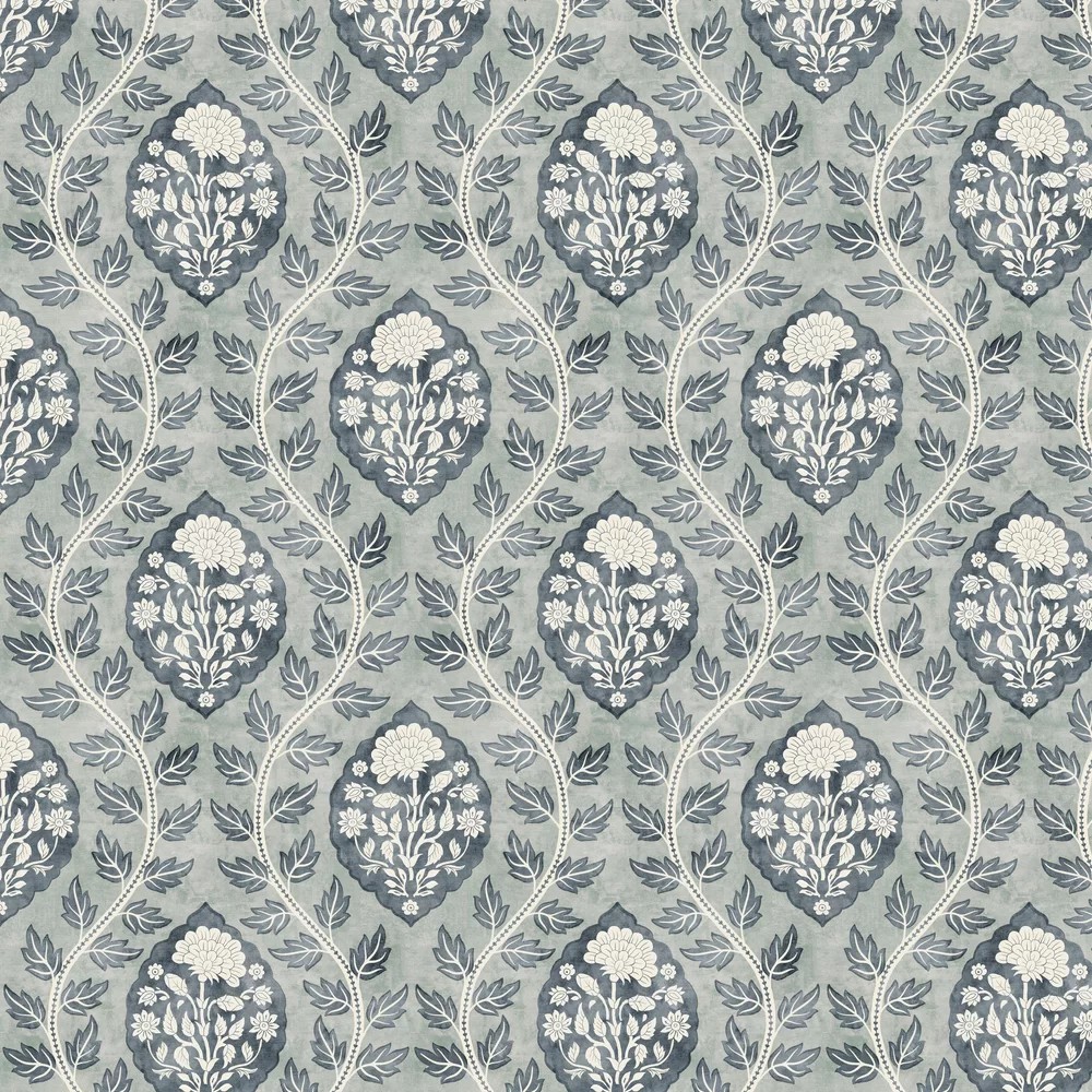 Floral cartouche wallpaper featuring intricate white and navy floral designs on a soft blue-gray background, showcasing a classic and elegant pattern.