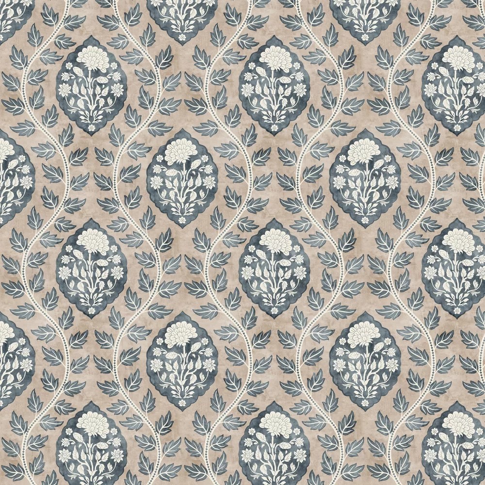 Floral wallpaper featuring a cartouche design in muted blue and cream tones, with intricate botanical motifs on a soft beige background.