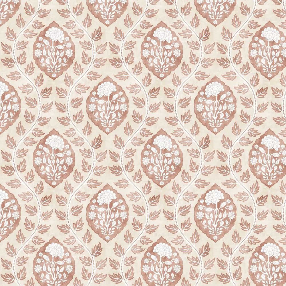 Floral wallpaper featuring a cartouche design in soft peach and cream tones, with intricate white floral and leaf patterns on a textured background.