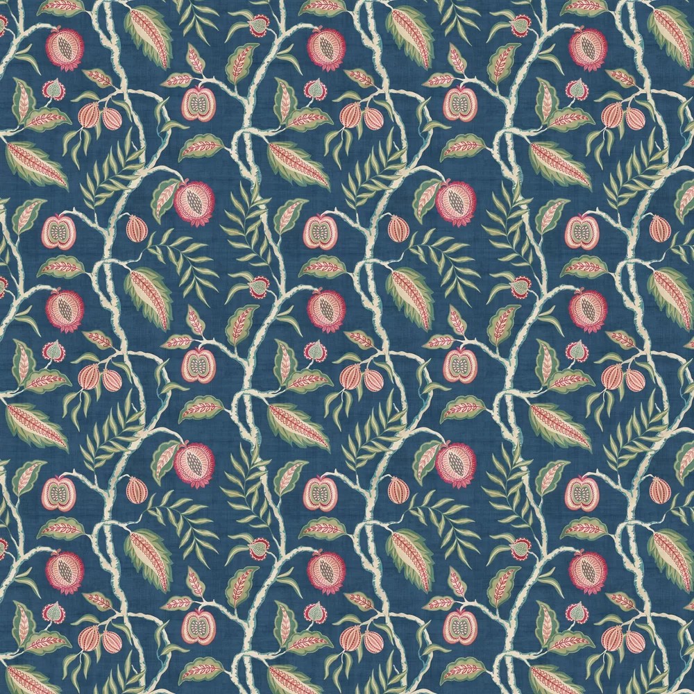 Vibrant navy wallpaper featuring a floral pattern with pink and green fruits, leaves, and vines, showcasing a rich, textured design ideal for home decor.
