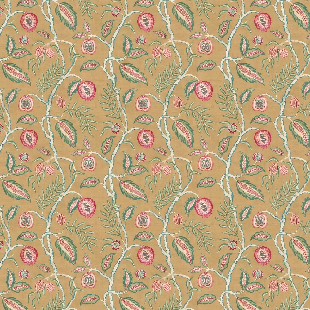 Vibrant floral wallpaper featuring a pattern of pink and red fruits and flowers on a warm golden background, with green leaves adding contrast.