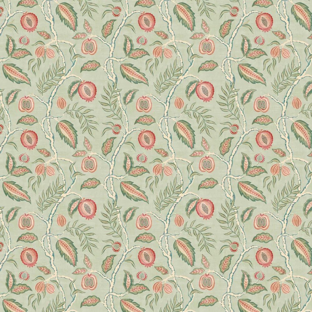Colorful floral wallpaper featuring a pattern of red and pink flowers, green leaves, and intricate vines on a soft mint green background.