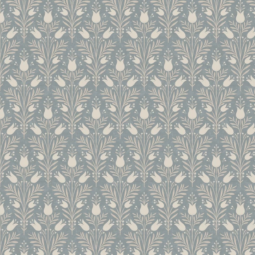 Heritage Tulip wallpaper features a delicate tulip and floral pattern in cream on a soft blue background, creating an elegant and timeless design.