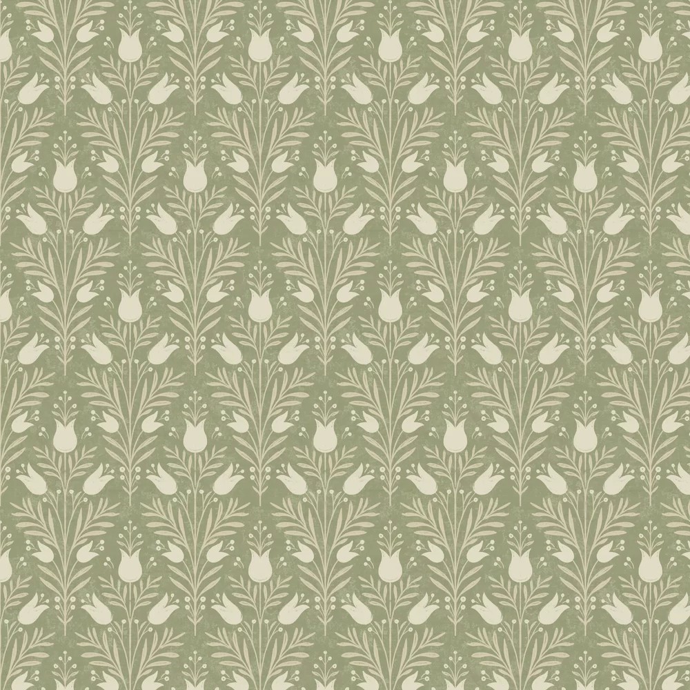 Heritage Tulip wallpaper features a delicate floral pattern in cream on a soft green background, showcasing elegant tulip motifs and intricate detailing.