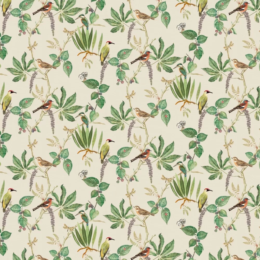 Light cream wallpaper featuring a botanical pattern with green leaves and colorful birds perched on branches, creating a vibrant, nature-inspired design.