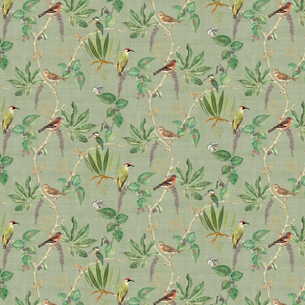 A patterned wallpaper featuring birds and green foliage on a soft green background, showcasing a natural, botanical design with intricate details.