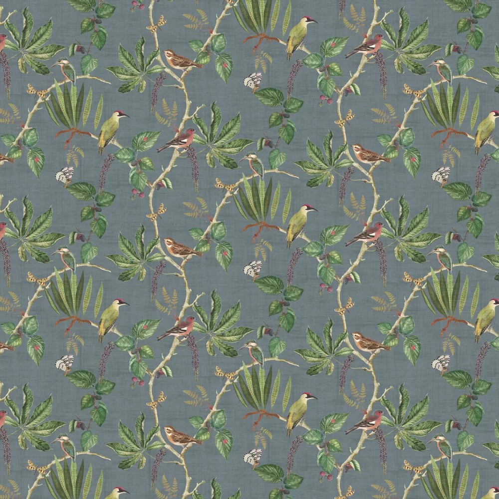 Patterned wallpaper featuring a blue-gray background adorned with vibrant green leaves, delicate flowers, and birds perched on branches, creating a lush garden aesthetic.