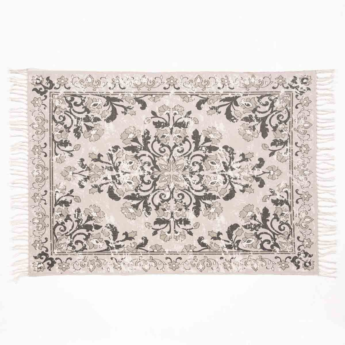 Antique printed grey rug measuring 160x230cm, featuring intricate floral patterns and decorative tassels along the edges, crafted from soft, durable material.