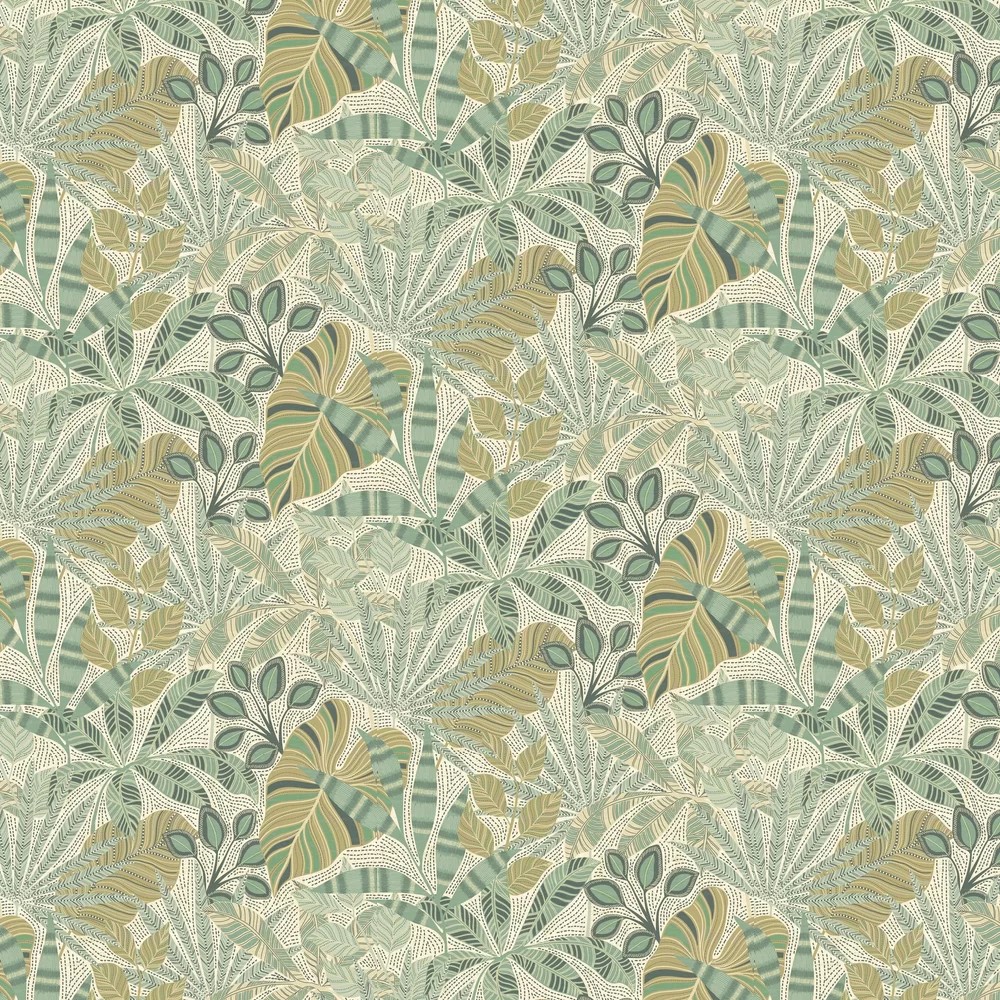 A textured wallpaper featuring a repeating pattern of stylized green and beige leaves with intricate detailing on a soft, muted background.