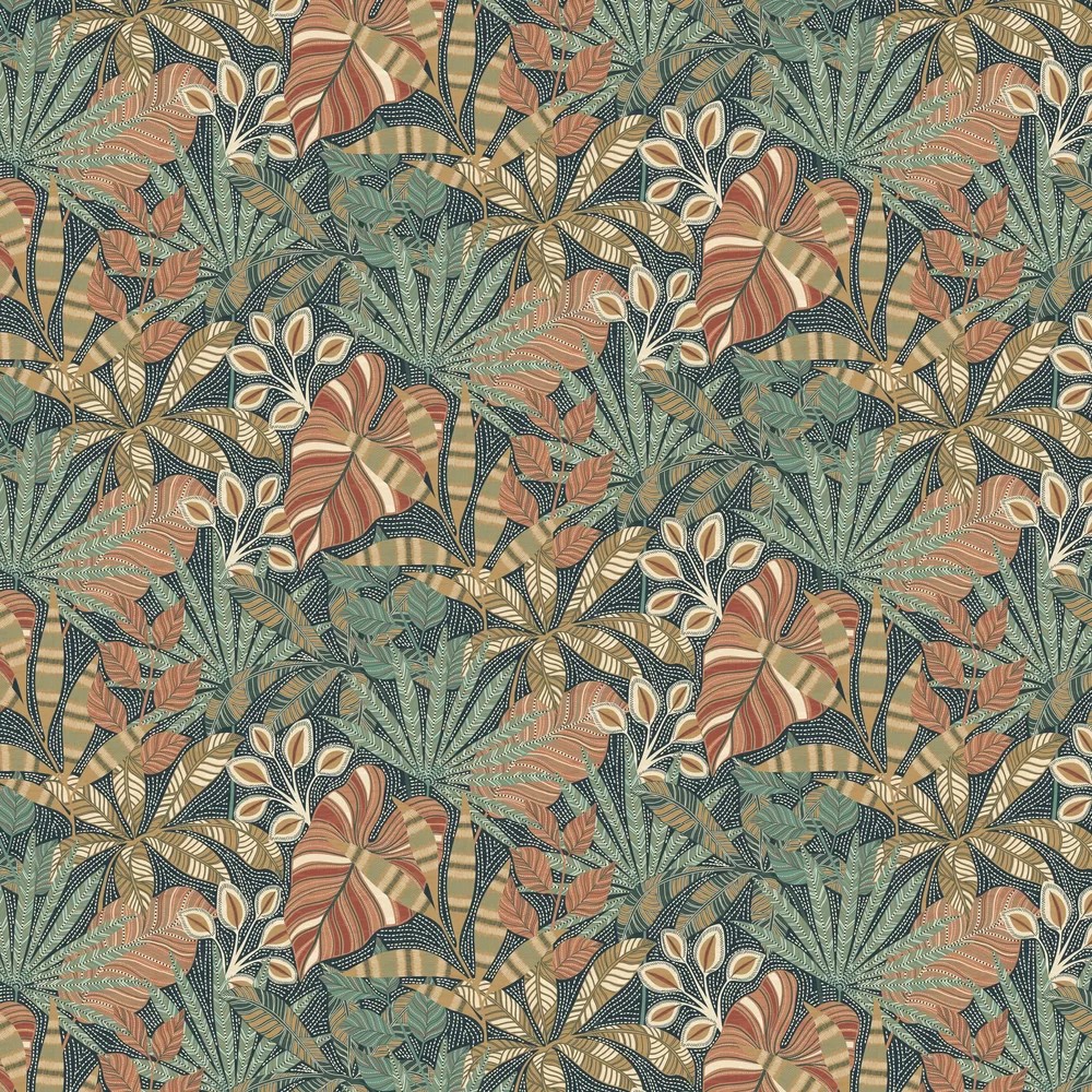 Vibrant wallpaper featuring a repeating pattern of stylized leaves in earthy tones of green, rust, and cream, with intricate detailing and a textured appearance.