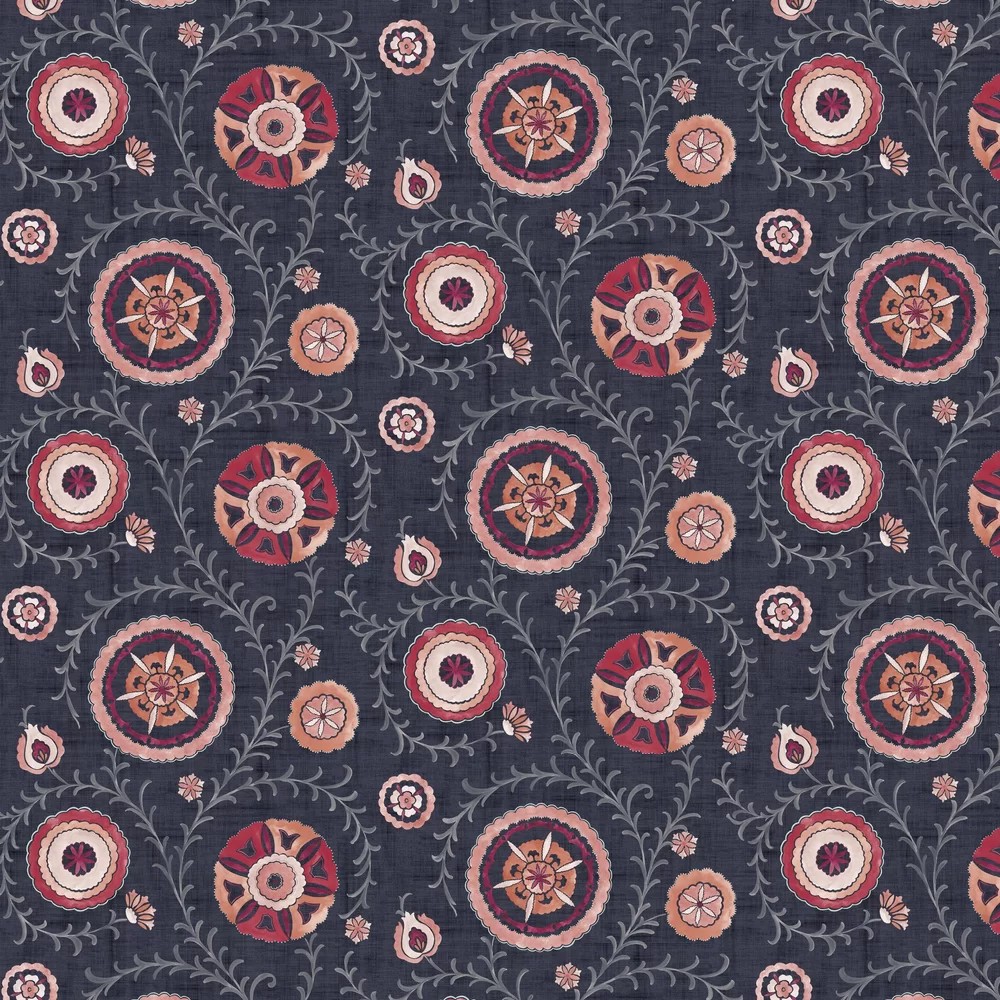 Nahlia Trail wallpaper features a dark navy background adorned with intricate floral patterns in shades of pink, orange, and cream, creating a vibrant and elegant design.