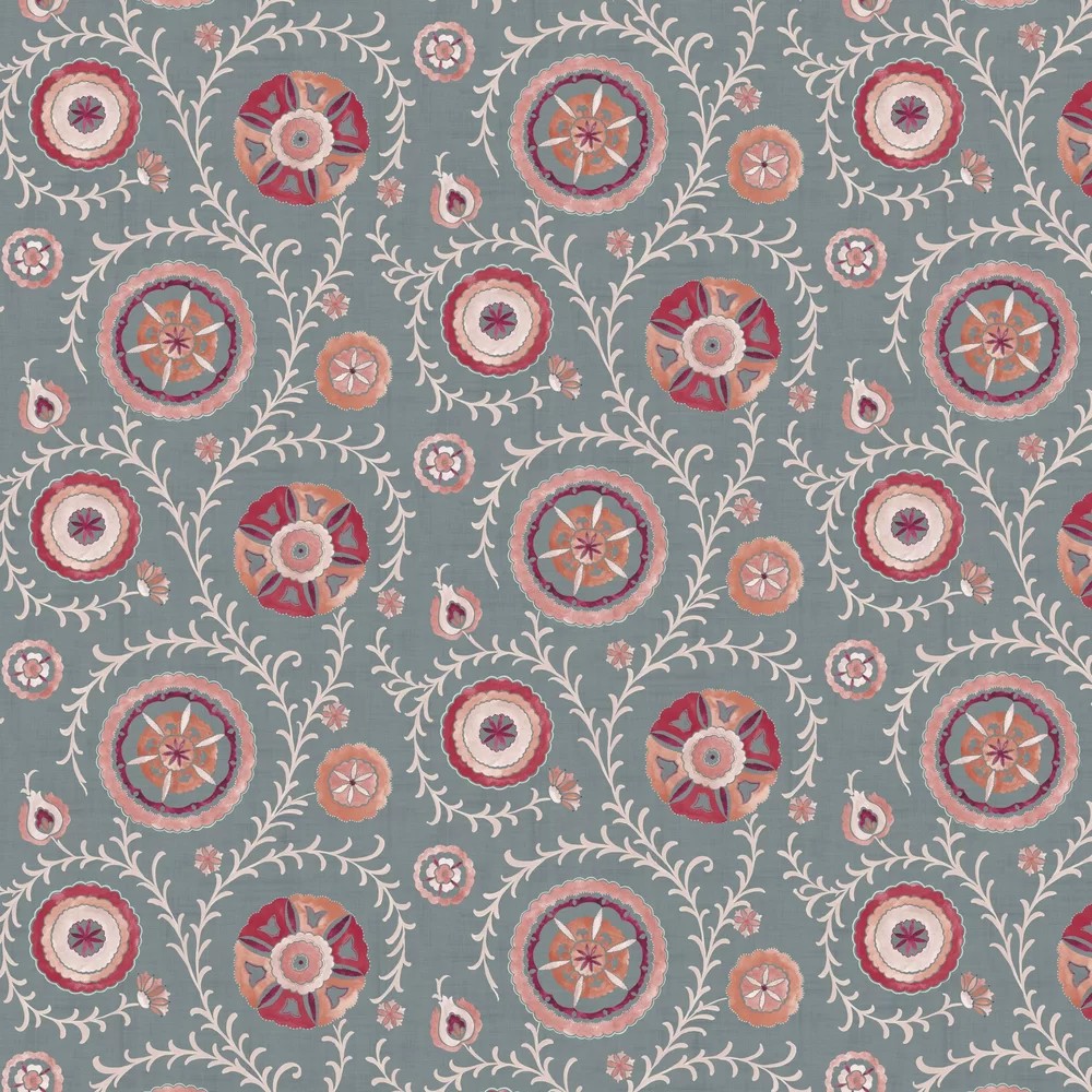 Floral-patterned wallpaper featuring circular motifs in shades of pink and orange on a muted blue-gray background, accented with delicate white vines.