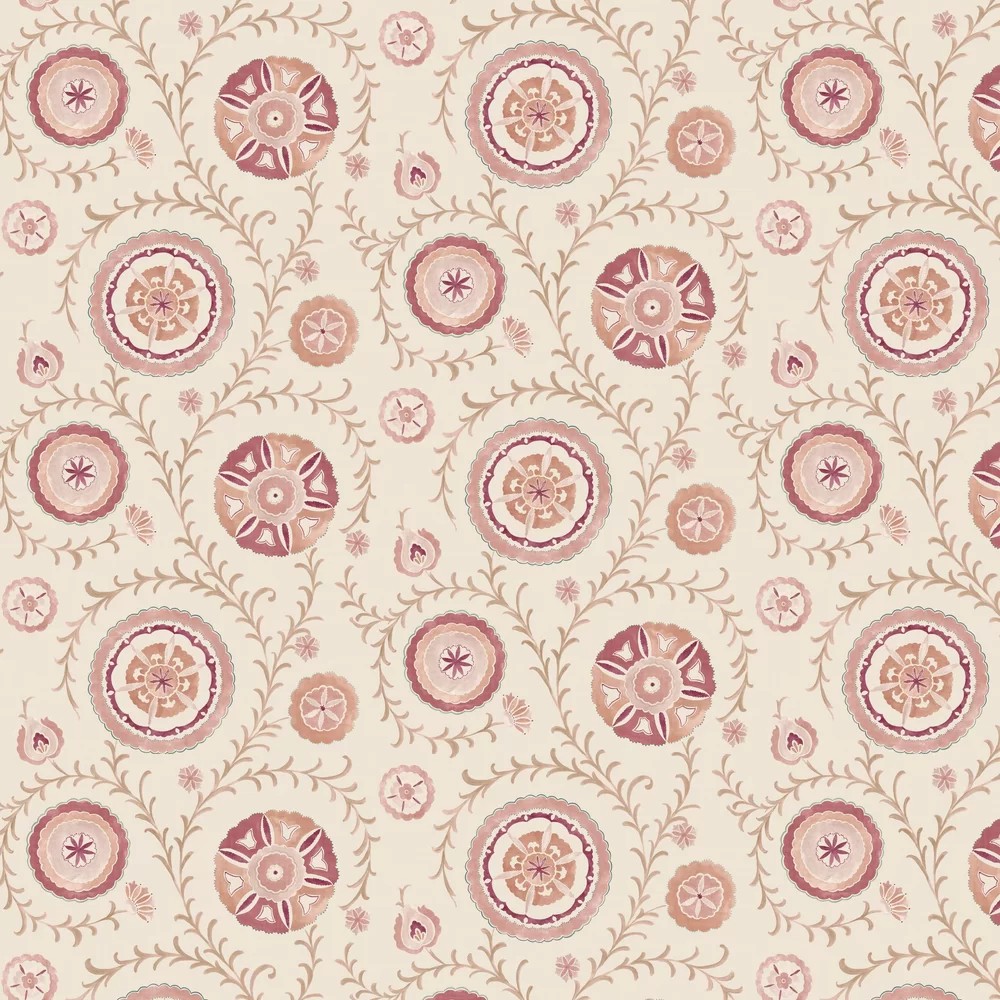 Delicate floral wallpaper featuring circular motifs in soft pink and mauve tones, set against a light cream background with intricate vine patterns.