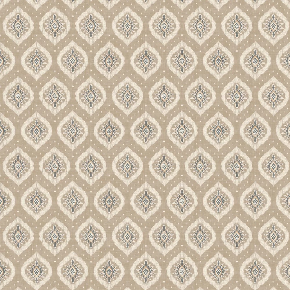Beige wallpaper featuring a repeating diamond ikat pattern with intricate blue and cream floral motifs, adding a textured and elegant touch to interiors.