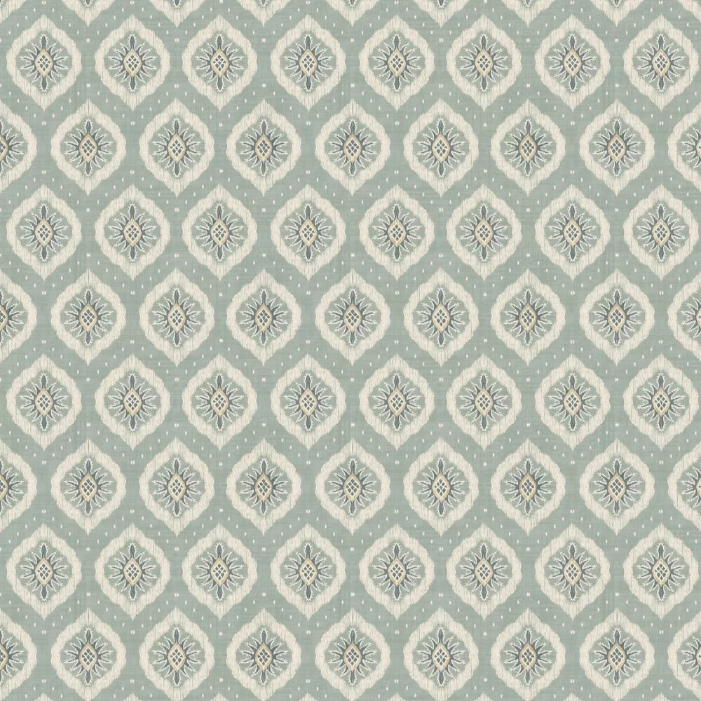Light teal wallpaper featuring a repeating diamond pattern with intricate cream and blue floral motifs, creating a textured, elegant look.