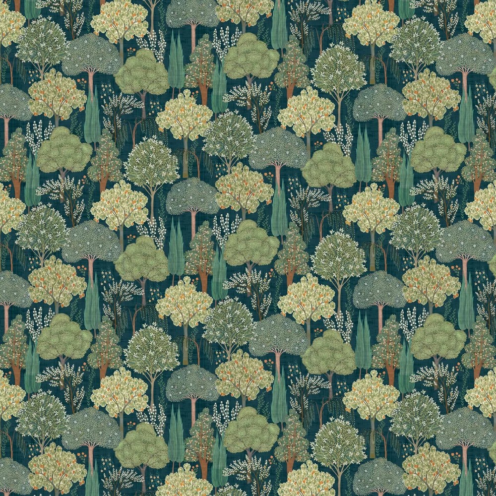 Persian Oasis wallpaper features a rich navy background adorned with intricate, colorful trees and foliage in shades of green, cream, and earthy tones, creating a vibrant, nature-inspired design.