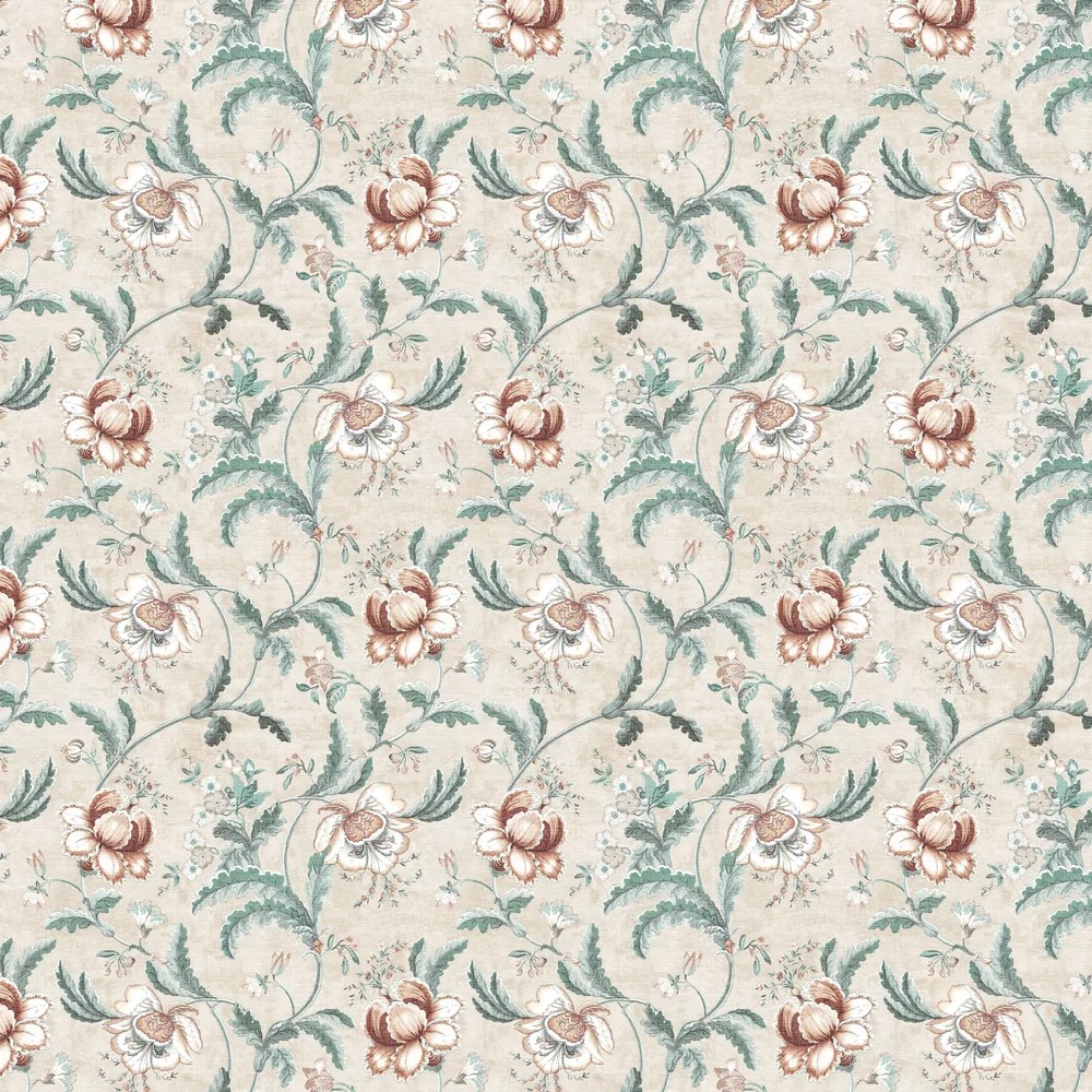 Floral wallpaper tapestry featuring a soft beige background adorned with intricate floral patterns in muted pink, green, and cream tones, ideal for home decor.