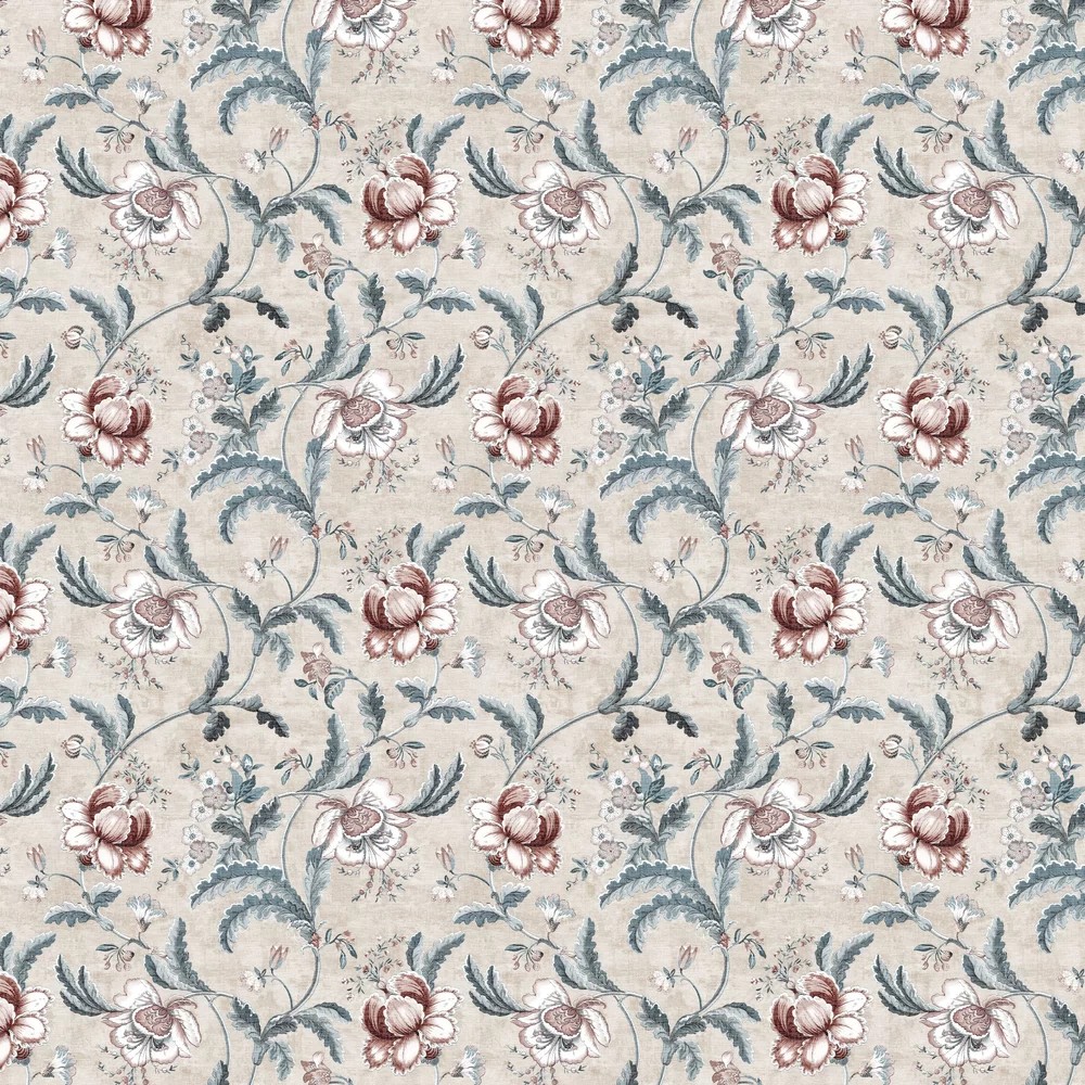 Floral wallpaper tapestry featuring a delicate pattern of red and blue flowers on a soft beige background, made from high-quality material for a classic look.