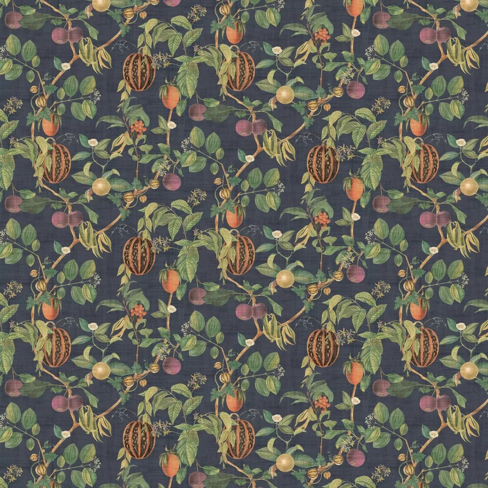 Tropic House wallpaper features a dark background with vibrant botanical illustrations, including fruits and leaves in shades of green, orange, and purple, creating a tropical aesthetic.