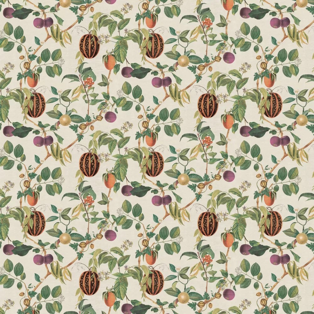 Tropic House wallpaper features a vibrant botanical pattern with green leaves, purple and orange fruits, and delicate flowers on a soft cream background.