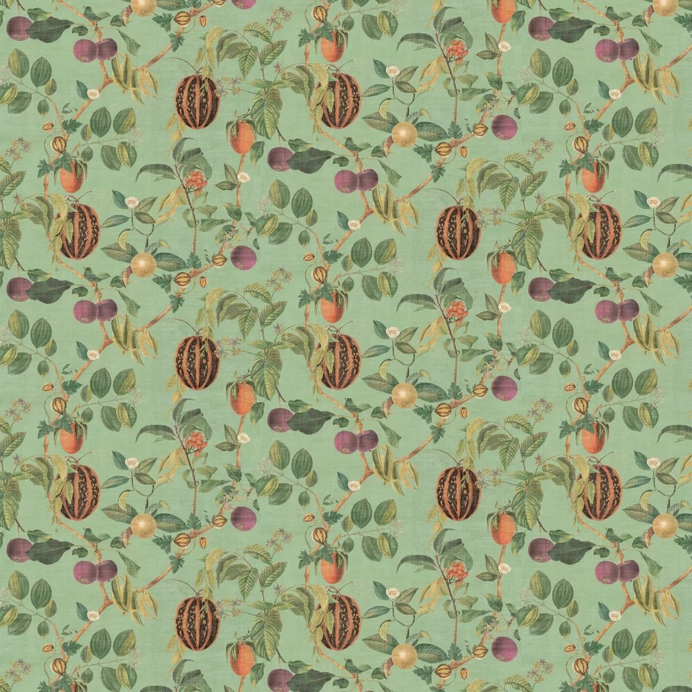 Tropical-themed wallpaper featuring a mint green background adorned with vibrant botanical illustrations of fruits and leaves in shades of orange, purple, and green.