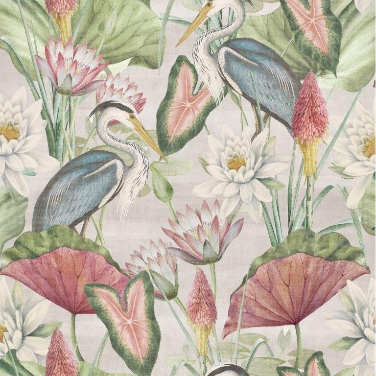 Multicoloured linen wallpaper featuring waterlilies, pink and white flowers, large green leaves, and elegant herons against a soft, neutral background.