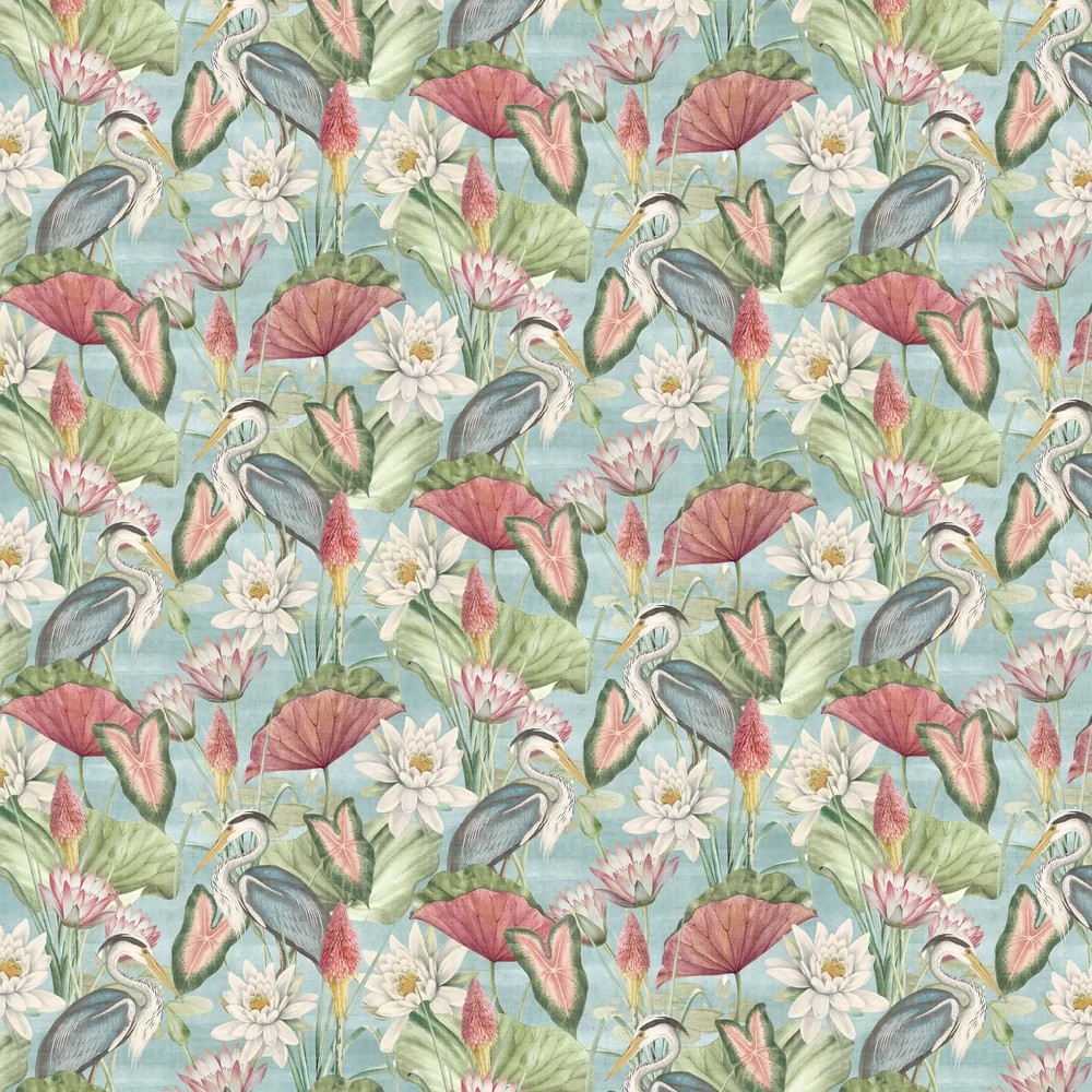 Waterlily Lake wallpaper features a vibrant pattern of pink water lilies, green leaves, and elegant herons against a soft blue background, creating a serene, nature-inspired design.
