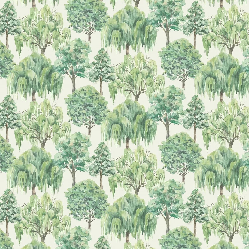 Whispering Willow wallpaper features a soft, muted color palette with watercolor-style trees in shades of green against a light cream background.
