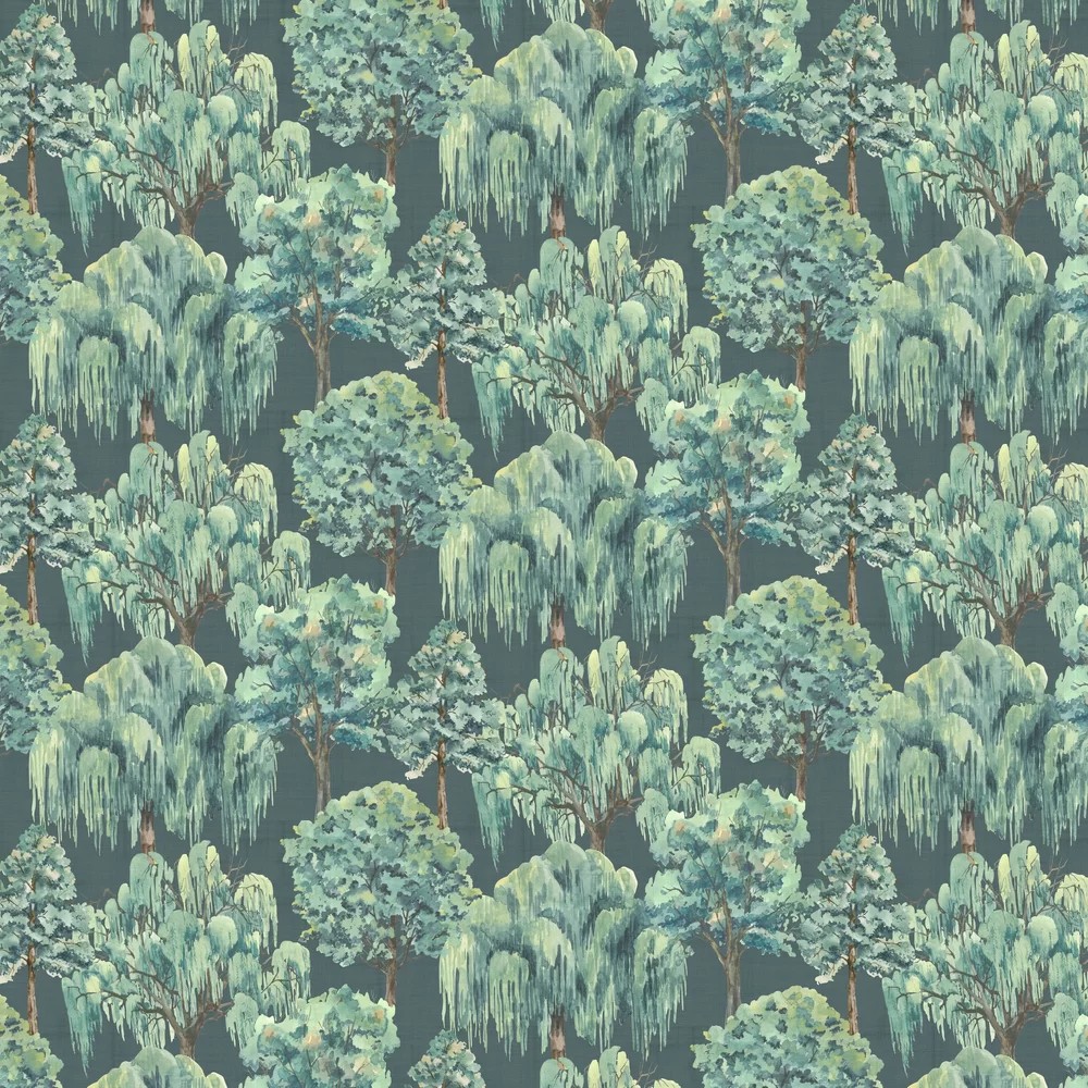 Whispering Willow wallpaper features a lush, green botanical design with detailed willow trees and textured foliage set against a deep teal background.