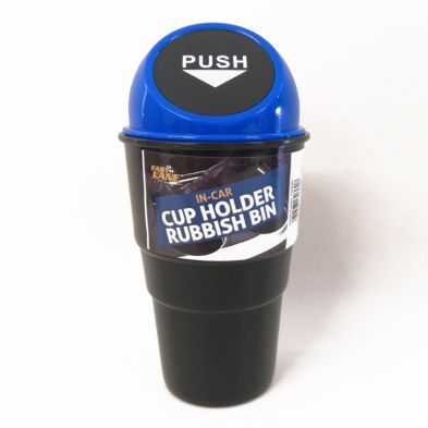 Portable black plastic car cup holder trash can with a blue lid labeled "PUSH," designed for travel, featuring a compact design for easy placement in vehicle cup holders.