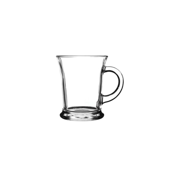 Clear glass mug with a curved body, sturdy handle, and a thick base, holding 38.5cl, designed for versatile use.